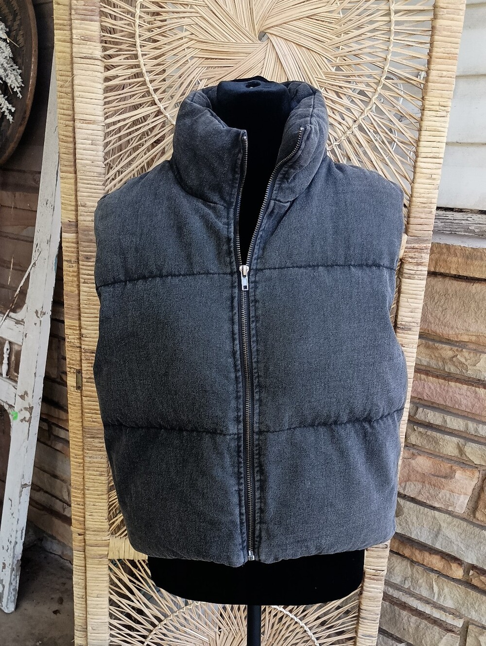 Angel Kiss Charcoal Gray Denim Quilted Puffer Vest_M